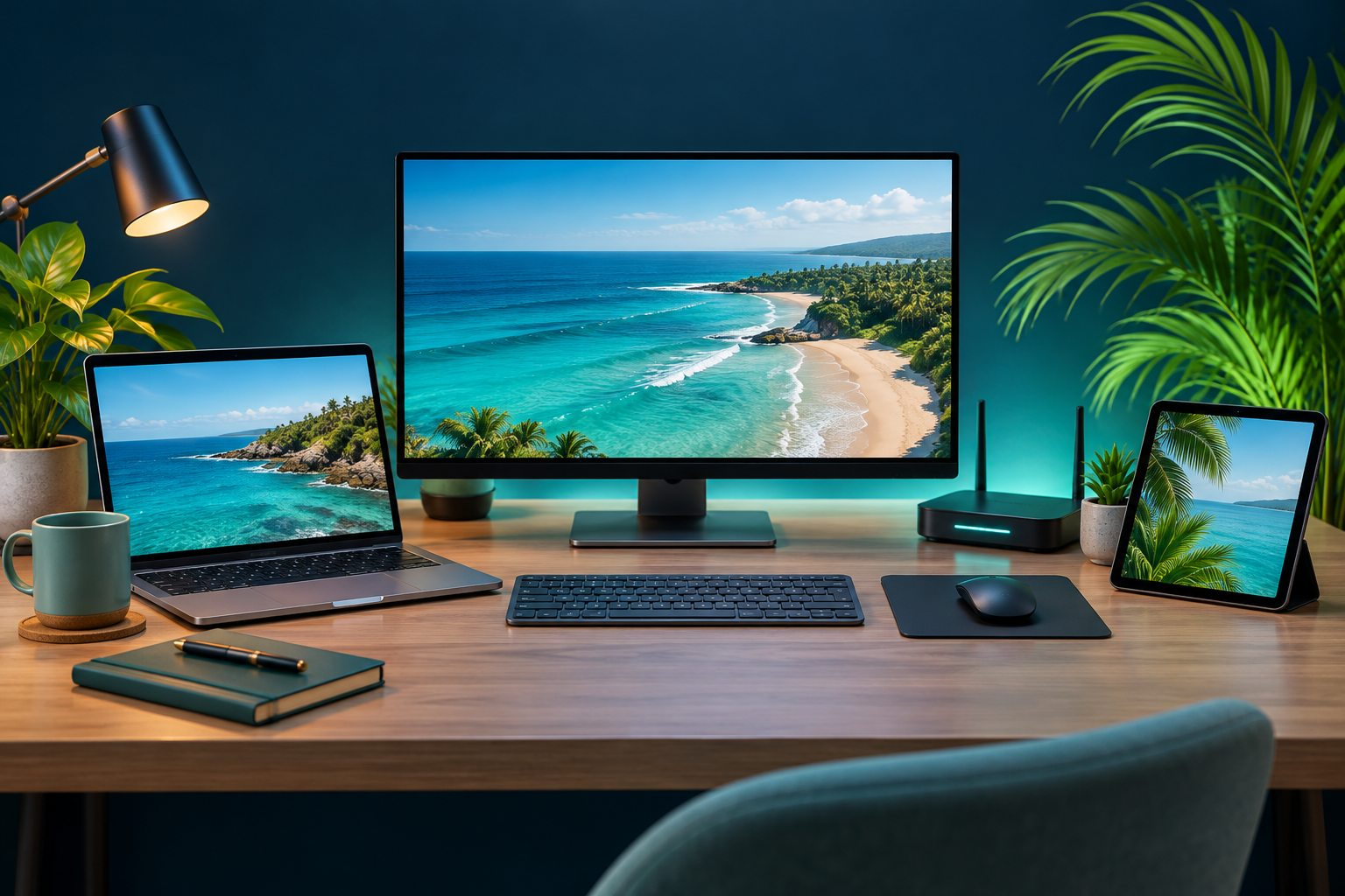 Small business workstation with computers and networking equipment