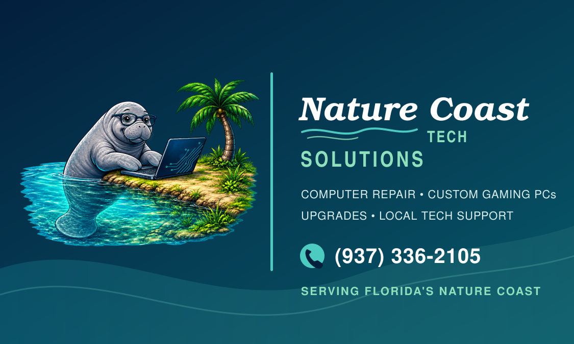 A friendly manatee wearing glasses and using a laptop beside a palm tree in turquoise water