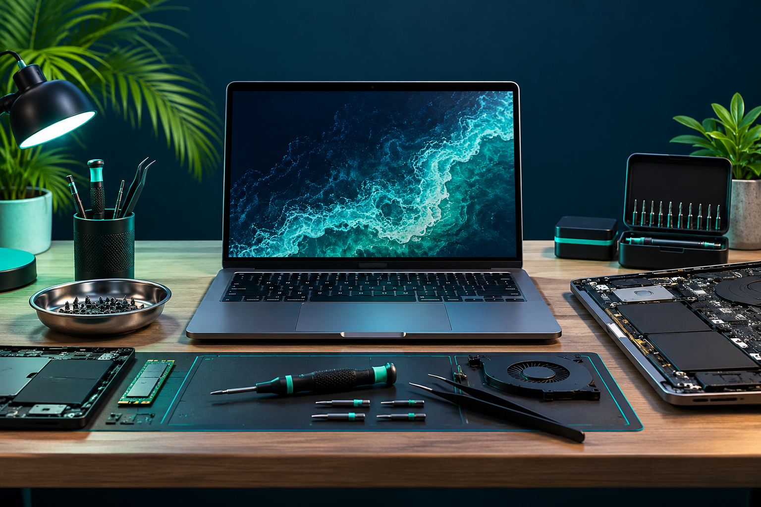 Laptop and diagnostic tools on a computer repair workbench
